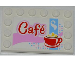 Tile, Modified 4 x 6 with Studs on Edges with 'Café' (Cafe) and Red Cup and Saucer Pattern (Sticker) - Set 3061