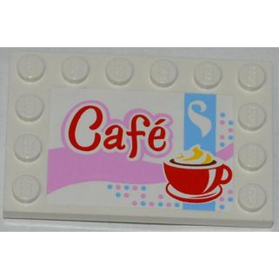 Tile, Modified 4 x 6 with Studs on Edges with 'Café' (Cafe) and Red Cup and Saucer Pattern (Sticker) - Set 3061