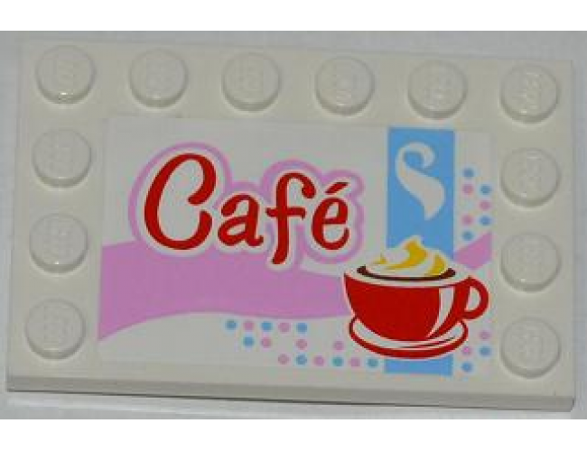 Tile, Modified 4 x 6 with Studs on Edges with 'Café' (Cafe) and Red Cup and Saucer Pattern (Sticker) - Set 3061