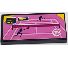 Tile 2 x 4 with Two Players on Pink Tennis Court and 'TV' Pattern (Sticker) - Set 41314