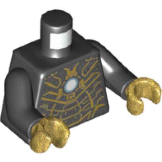 Torso Armor with Intricate Gold and Pearl Dark Gray Circuitry, Metallic Blue Circle in Center Pattern / Black Arms / Pearl Gold Hands