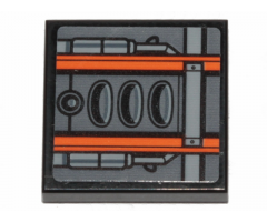 Tile 2 x 2 with Orange Stripes, Air Intakes and Pipes with Dark Bluish Gray Stripes Pattern (Sticker) - Set 75259