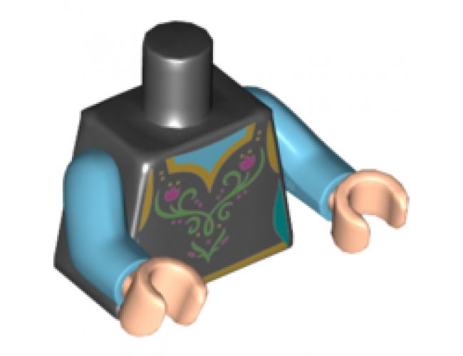 Torso Female Dress, Gold Hems, Dark Pink Flowers and Green Filigree Pattern / Medium Azure Arms / Light Nougat Hands