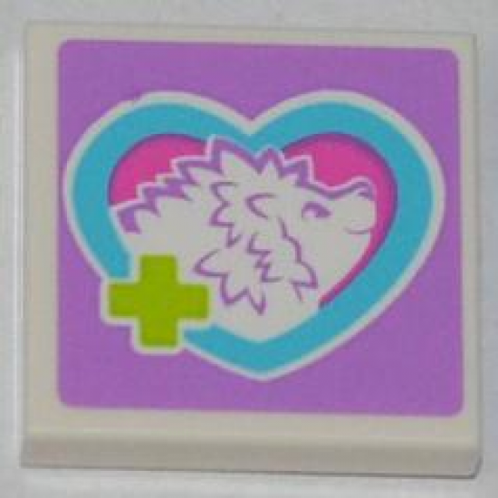 Tile 2 x 2 with Lime Cross and Hedgehog in Medium Azure Heart Pattern (Sticker) - Set 3188