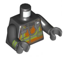 Torso Orange Vest with Silver and Lime Stripes and Silver Radio Pattern / Black Arms with Reflective Stripes Pattern / Dark Bluish Gray Hands
