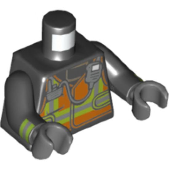 Torso Orange Vest with Silver and Lime Stripes and Silver Radio Pattern / Black Arms with Reflective Stripes Pattern / Dark Bluish Gray Hands