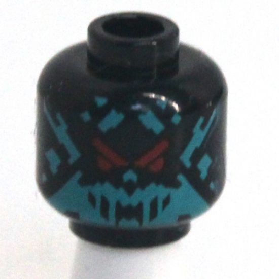 Minifigure, Head Dual Sided Alien, Red Visor and 'V' with 9 Vertical Stripes / Dark Turquoise Splotch Face with Red Eyes Pattern - Hollow Stud