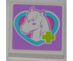 Tile 2 x 2 with Lime Cross and Horse Head in Medium Azure Heart Pattern (Sticker) - Set 3188