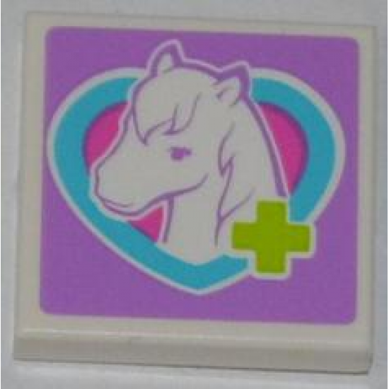 Tile 2 x 2 with Lime Cross and Horse Head in Medium Azure Heart Pattern (Sticker) - Set 3188