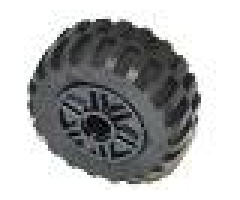 Wheel & Tire Assembly 18mm D. x 14mm with Pin Hole, Fake Bolts and Shallow Spokes with Black Tire 30.4 x 14 Offset Tread - Band Around Center of Tread (55981 / 92402)
