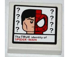 Tile 2 x 2 with Question Marks, Minifigure Head and 'The TRUE identity of SPIDER-MAN' Pattern (Sticker) - Set 76005