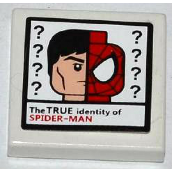 Tile 2 x 2 with Question Marks, Minifigure Head and 'The TRUE identity of SPIDER-MAN' Pattern (Sticker) - Set 76005