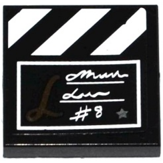 Tile 2 x 2 with Film Slate with White Script Writing, '#8', and Stripes Pattern (Sticker) - Set 41117