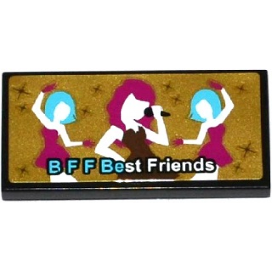 Tile 2 x 4 with 'B F F BEST FRIENDS' and Female Singer and Dancers on Gold Background Pattern (Sticker) - Set 41106