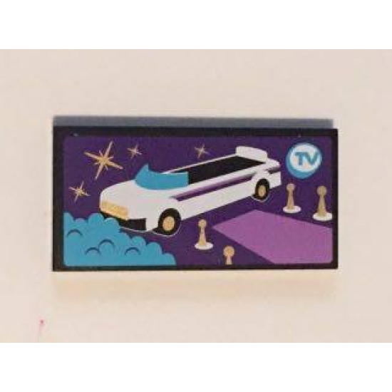Tile 2 x 4 with White Convertible Car and Blue 'TV' Pattern (Sticker) - Set 41101
