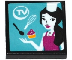 Tile 2 x 2 with 'TV' , Spoon, Whisk, Cupcake and Female Chef on Screen Pattern (Sticker) - Set 41135