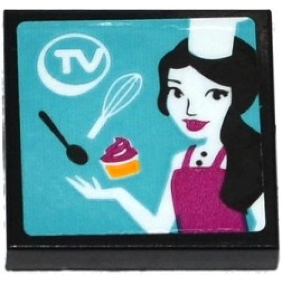 Tile 2 x 2 with 'TV' , Spoon, Whisk, Cupcake and Female Chef on Screen Pattern (Sticker) - Set 41135