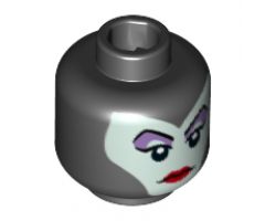 Minifigure, Head Female Balaclava with Light Aqua Face, Medium Lavender Eye Shadow, Pointed Eyebrows, Red Lips Pattern (Maleficent) - Hollow Stud