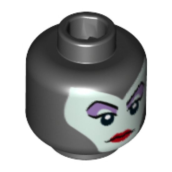 Minifigure, Head Female Balaclava with Light Aqua Face, Medium Lavender Eye Shadow, Pointed Eyebrows, Red Lips Pattern (Maleficent) - Hollow Stud