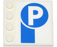 Tile, Modified 4 x 4 with Studs on Edge with Thick Blue Stripe and White 'P' in Blue Circle Pattern (Sticker) - Set 4207