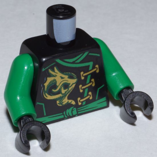 Torso Ninjago Robe with Gold Dragon, Green Sash and Ninjago Logogram 'Energy' and Wings on Reverse Pattern / Green Arms / Black Hands
