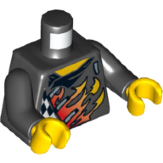 Torso World Racers - Checkered Pattern with Flames on Front, Flames and Red Skull with White Stripes on Back / Black Arms / Yellow Hands