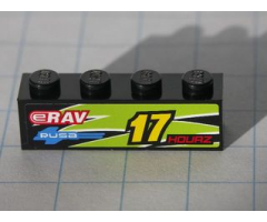 Brick 1 x 4 with Yellow '17' and Red 'HOURZ' and 'eRAV' and 'RUSA' and Black and Lime Flames Pattern Model Left side (Sticker) - Set 8119
