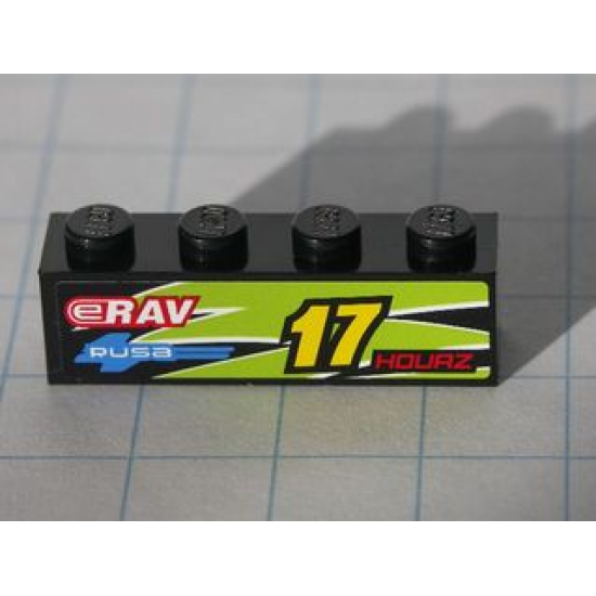 Brick 1 x 4 with Yellow '17' and Red 'HOURZ' and 'eRAV' and 'RUSA' and Black and Lime Flames Pattern Model Left side (Sticker) - Set 8119
