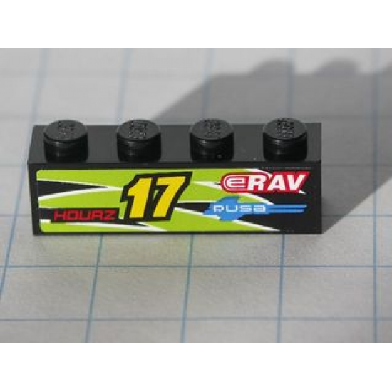 Brick 1 x 4 with Yellow '17' and Red 'HOURZ' and 'eRAV' and 'RUSA' and Black and Lime Flames Pattern Model Right side (Sticker) - Set 8119