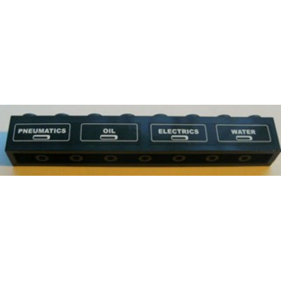 Brick 1 x 8 with White 'PNEUMATICS', 'OIL', 'ELECTRICS' and 'WATER' on Black Background Pattern (Stickers) - Set 7939