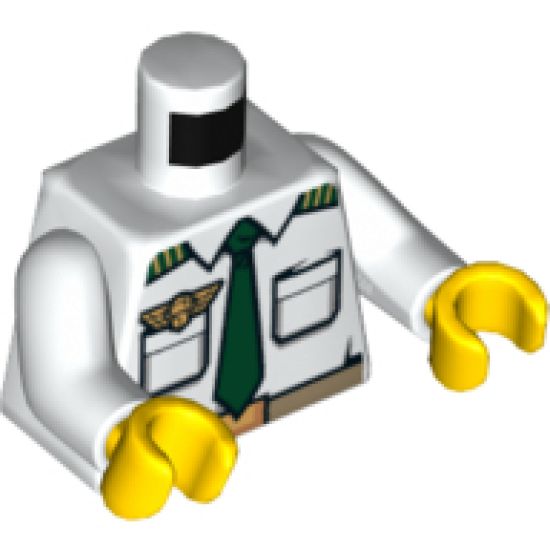Torso Airplane Pilot, Shirt with Dark Green Tie, Belt, Epaulettes and Gold Logo Pin Pattern / White Arms / Yellow Hands
