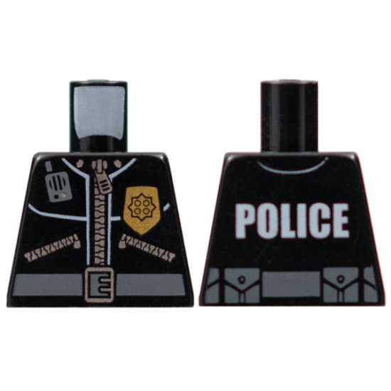 Torso Police Leather Jacket, Gold Badge, Radio, Belt with 'POLICE' Pattern on Back