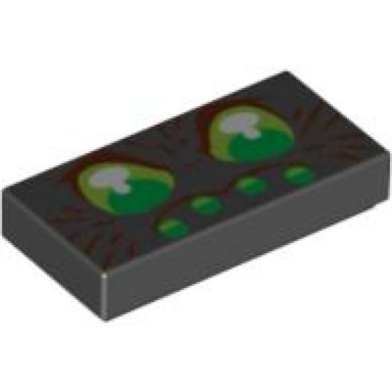 Tile 1 x 2 with Green Eyes and 4 Green Dots with Brown Hairs Pattern (Spider Face)