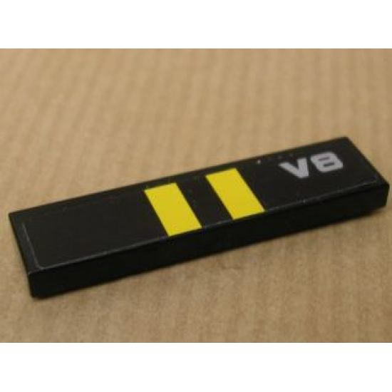 Tile 1 x 4 with Two Yellow Stripes on Black Background and 'V8' Pattern (Sticker) - Set 8154