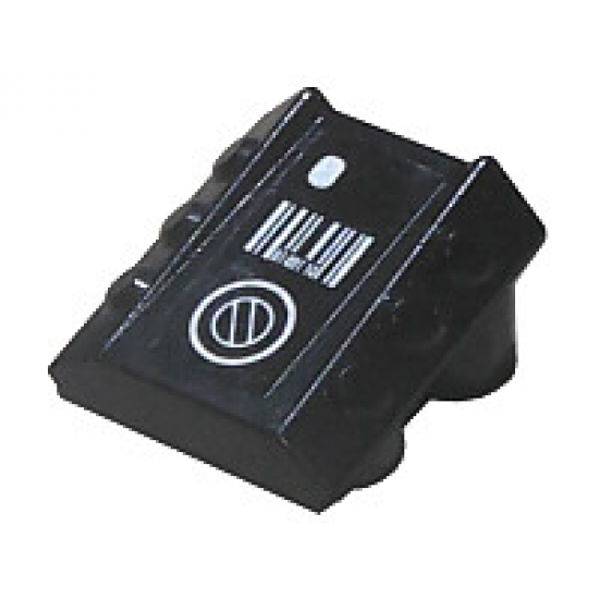 Brick, Modified 2 x 2 No Studs, Sloped with 6 Side Pistons Raised with Silver Dot, Bar Code, and Circle Pattern (Sticker)