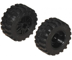 Wheel & Tire Assembly 18mm D. x 14mm with Axle Hole, Fake Bolts and Shallow Spokes with Black Tire 30.4 x 14 Offset Tread (55982 / 30391)