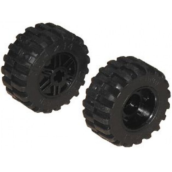 Wheel & Tire Assembly 18mm D. x 14mm with Axle Hole, Fake Bolts and Shallow Spokes with Black Tire 30.4 x 14 Offset Tread (55982 / 30391)