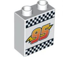 Duplo, Brick 1 x 2 x 2 with Lightning Bolt, '95' and Checkered Flag Pattern