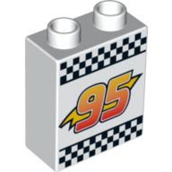 Duplo, Brick 1 x 2 x 2 with Lightning Bolt, '95' and Checkered Flag Pattern