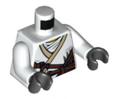 Torso Ninjago Brown Rope and White Undershirt, Gold Lion on Back Pattern / White Arms / Black Hands