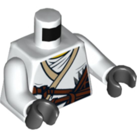 Torso Ninjago Brown Rope and White Undershirt, Gold Lion on Back Pattern / White Arms / Black Hands