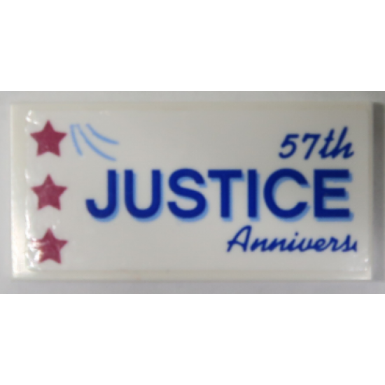 Tile 2 x 4 with Blue '57th JUSTICE Annivers' Banner with 3 Magenta Stars Pattern (Sticker) – Set 70919