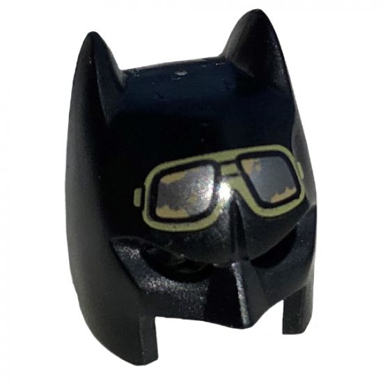 Minifigure, Headgear Mask Batman Cowl (Open Chin) with Olive Green Goggles with Silver Frames and Tan Dirt Pattern