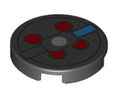 Tile, Round 2 x 2 with Bottom Stud Holder with Dark Azure Rectangle, Red Circles and Silver Lines Pattern (BrickHeadz Peter Venkman Proton Pack)
