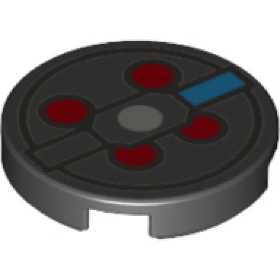 Tile, Round 2 x 2 with Bottom Stud Holder with Dark Azure Rectangle, Red Circles and Silver Lines Pattern (BrickHeadz Peter Venkman Proton Pack)