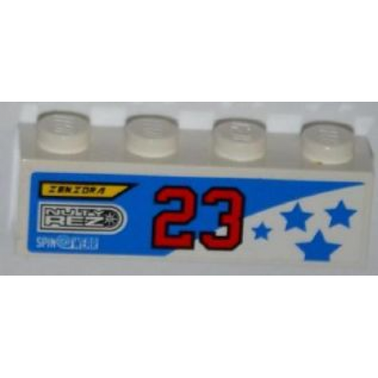 Brick 1 x 4 with 'ZENZORA', 'NUTY REZ', 'SPIN WEAR', Number '23' and Blue Stars Pattern Model Left (Sticker) - Set 8125