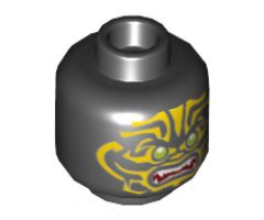 Minifigure, Head Alien with Lime Eyes, White Fangs, Yellow Face Decorations and Dark Red Mouth Pattern - Hollow Stud