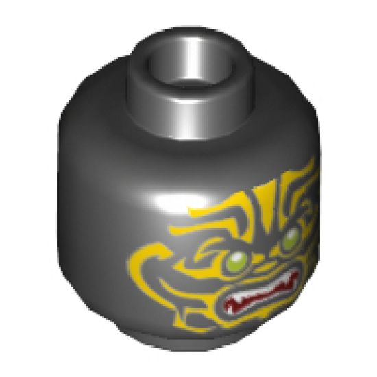 Minifigure, Head Alien with Lime Eyes, White Fangs, Yellow Face Decorations and Dark Red Mouth Pattern - Hollow Stud
