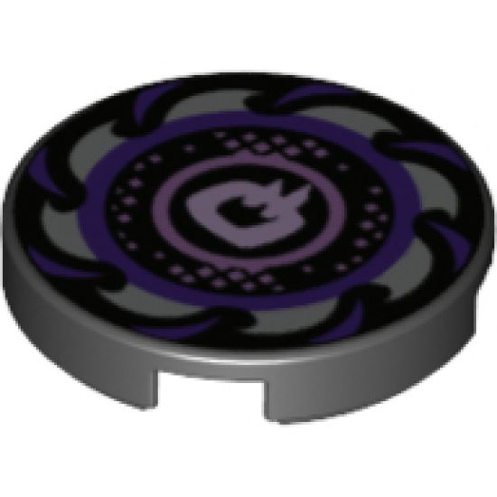 Tile, Round 2 x 2 with Bottom Stud Holder with Dark Purple and Silver Saw Blade, Circles in Center Pattern