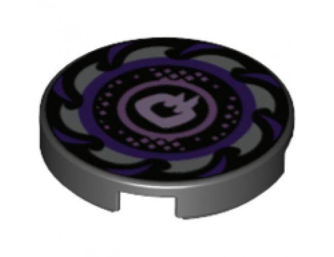 Tile, Round 2 x 2 with Bottom Stud Holder with Dark Purple and Silver Saw Blade, Circles in Center Pattern
